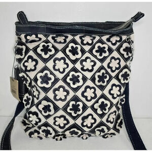 H2Z Leather 3D Floral Navy/Lt. Gray Crossbody Purse Boho Hippie Retro UPCYCLED